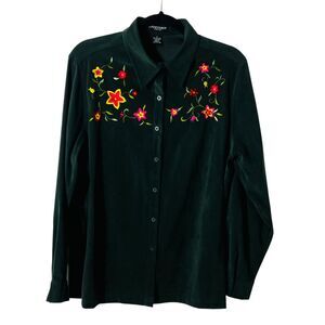 Courtenay Womens Blouse Velvet Green Embroidered Flowers‎ Long Sleeve Stretch 8